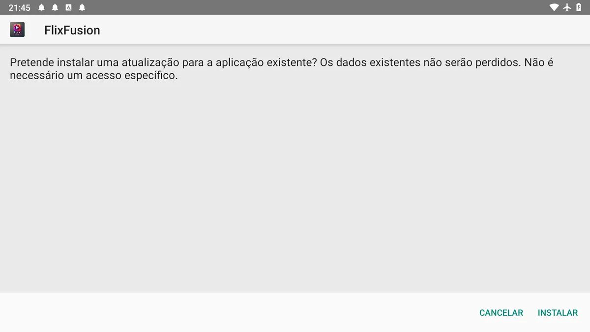 Instalador real do Android com o botão Instalar para o Flix Fusion; no aparelho de teste, aparece como atualização