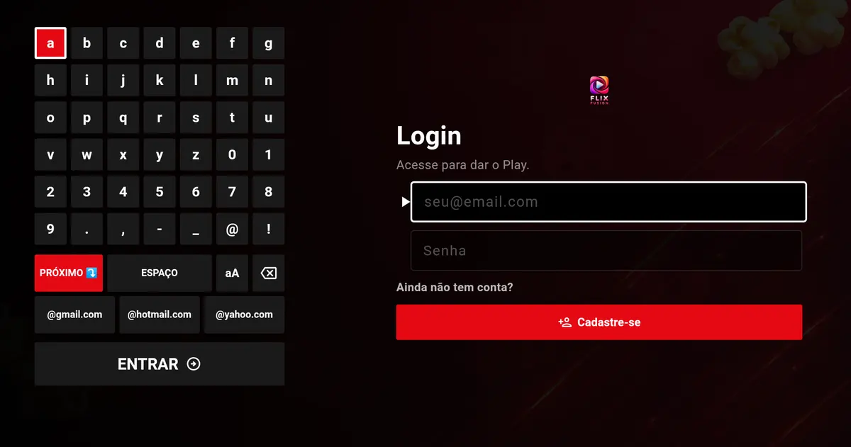 Tela real de login do Flix Fusion para TV, com os campos de e-mail e senha vazios