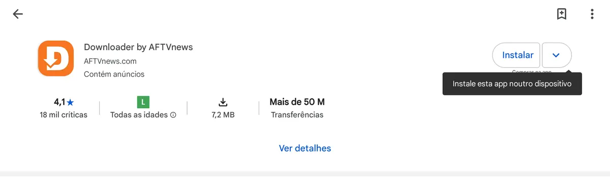 Página real do Downloader by AFTVnews na loja de aplicativos, com botão Instalar